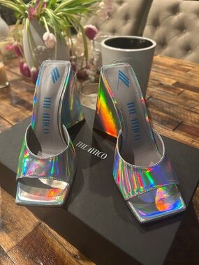The Attico Holographic Iridescent Pyramid-Heel Mules